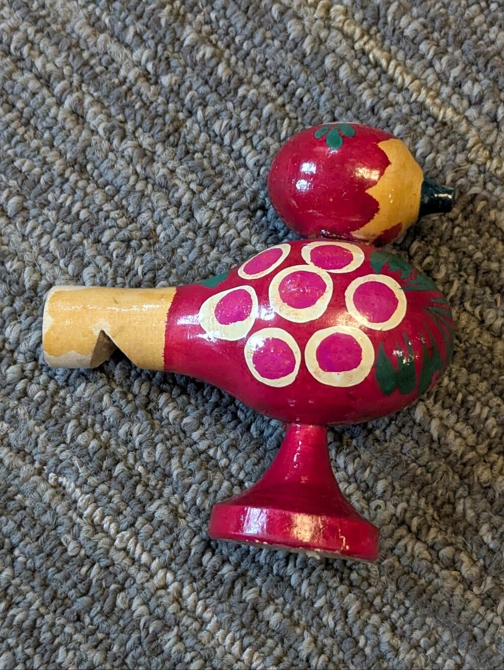 1970-80s Vintage Hand-Painted Red Wooden Bird Whistle